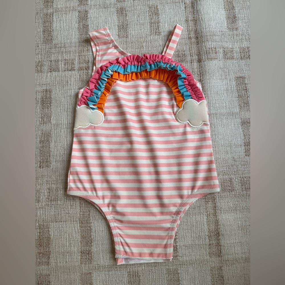 NWOT Mud Pie Pink and White Striped Swimsuit with Rainbow Accents